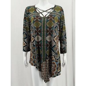 One World Top Women 1X Blue Boho Floral Tunic Strappy Artsy Asymmetrical Stretch